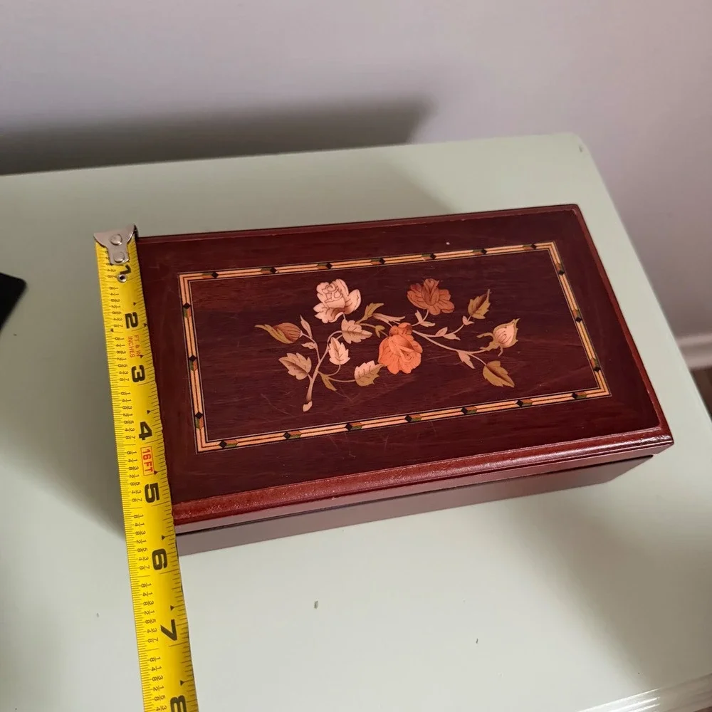 Wooden Floral Jewelry Box Mirror Ring Organizer Mahogany Finish Cottagecore